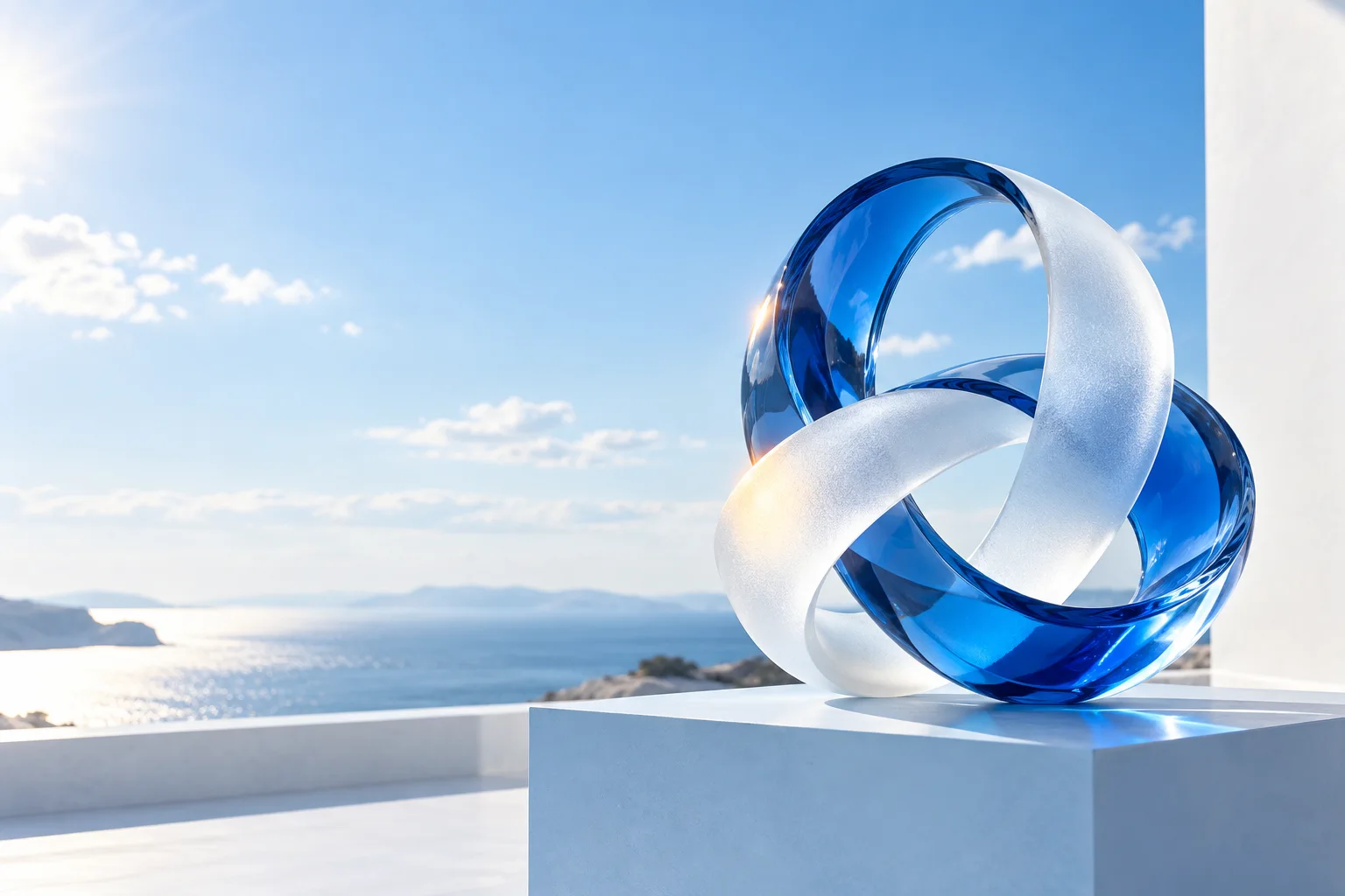 Intertwined cobalt glass and frosted white sculpture in a sunlit setting